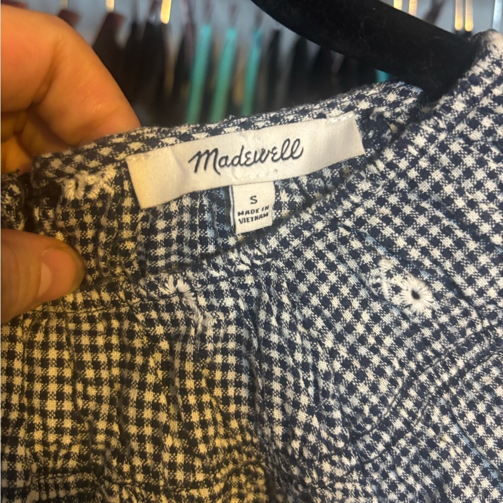 Madewell Black & White Checked Smocked Puff Sleeve Blouse - Picture 3 of 3